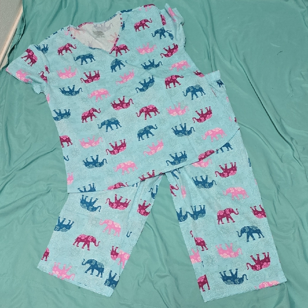 Elephant Print Women's Pajama Set - Blue and Pink